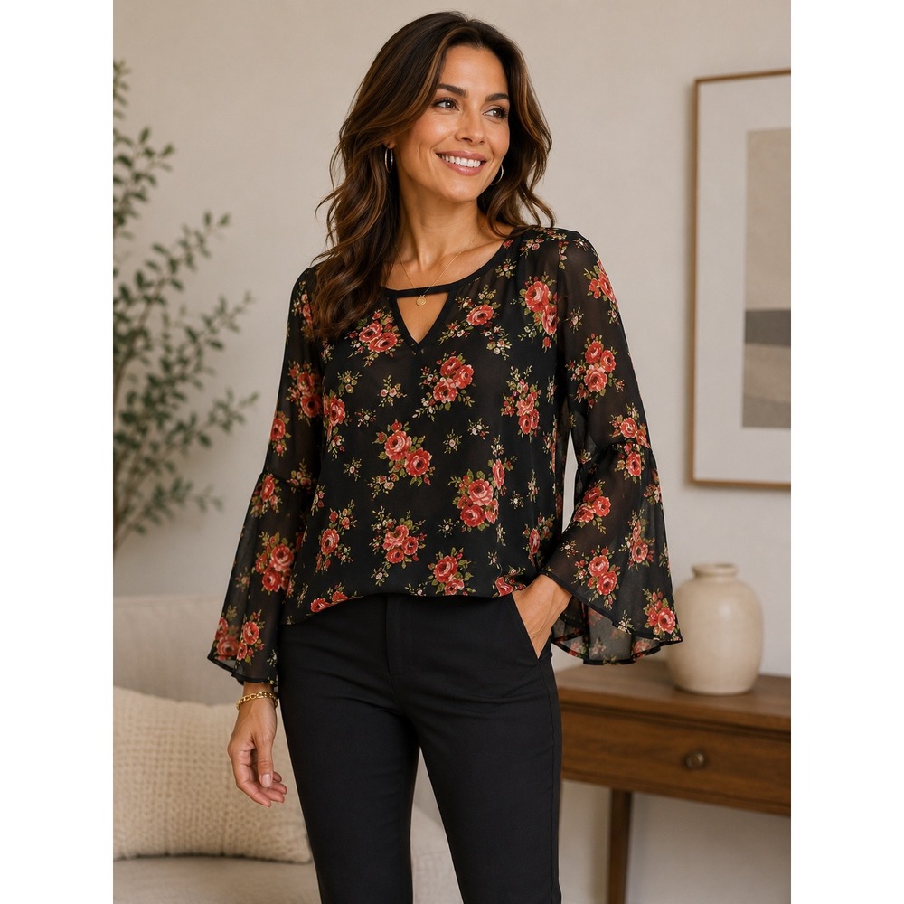 Chic Happens Black Floral Rose Sheer Bell Sleeve Open Back V-Neck Blouse S T3015